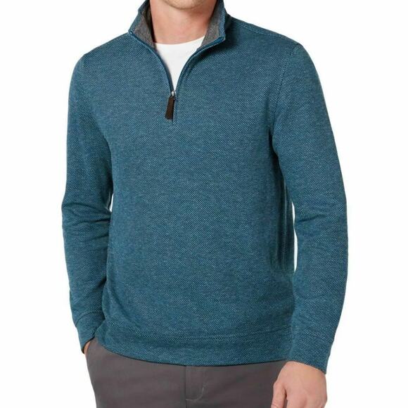Tasso Elba Men's Size Large Birdseye 1/4 Zip Stand Collar Sweater Teal Blue - Picture 1 of 9